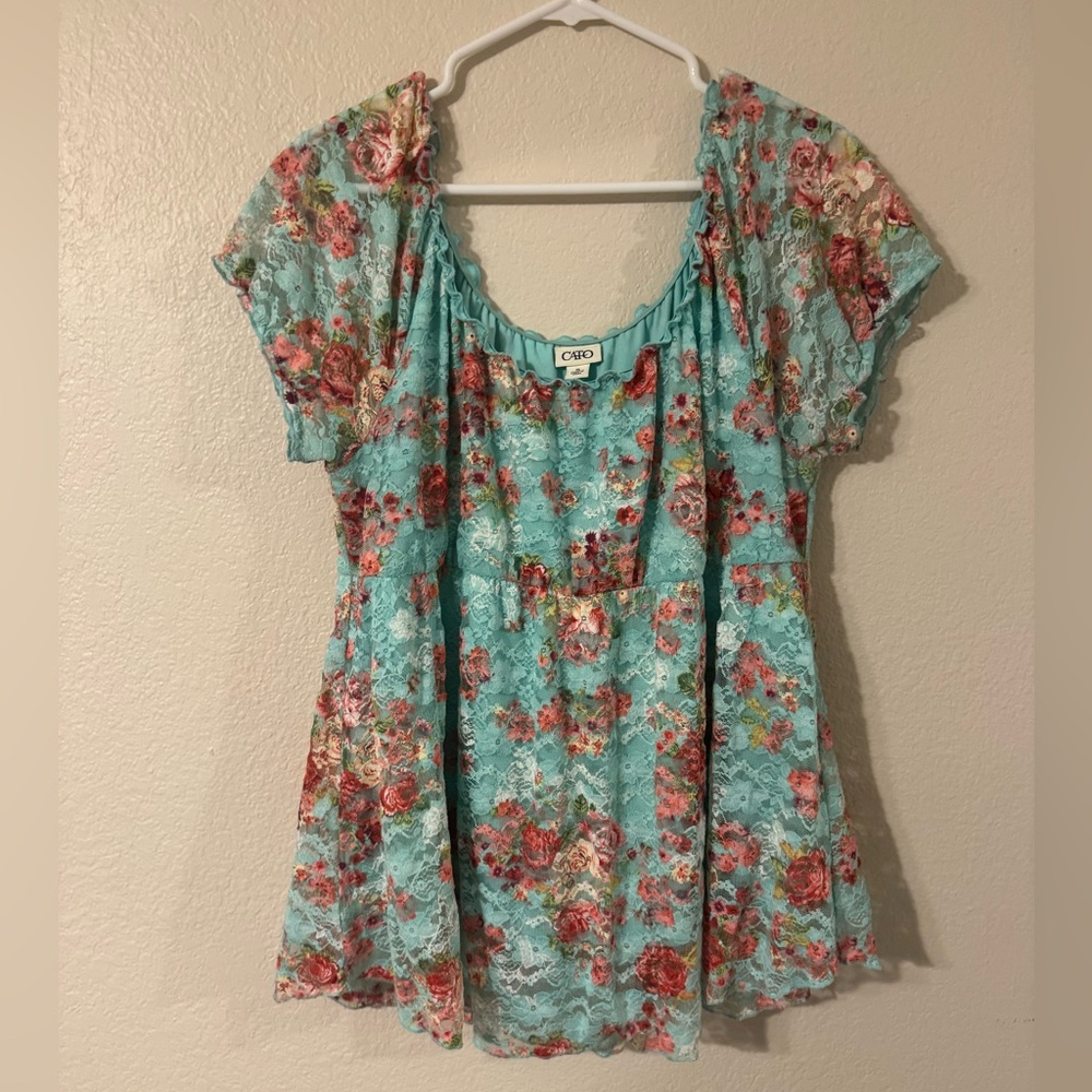 Cato Turquoise Floral Lace Blouse
